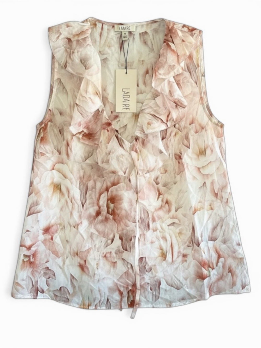 100% silk Ladakh Floral Ruffle V-Neck Sleeveless Camisole - Blush Pink & Cream